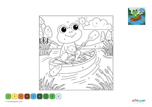 Color-by-number worksheet of a frog paddling a canoe – free download to color frog, boat, and surrounding river scene.