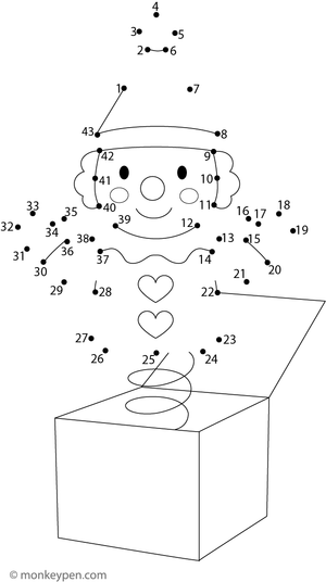 A cheerful Jack appears to be popping out of a decorated toy box as children connect the dots in this engaging worksheet. 