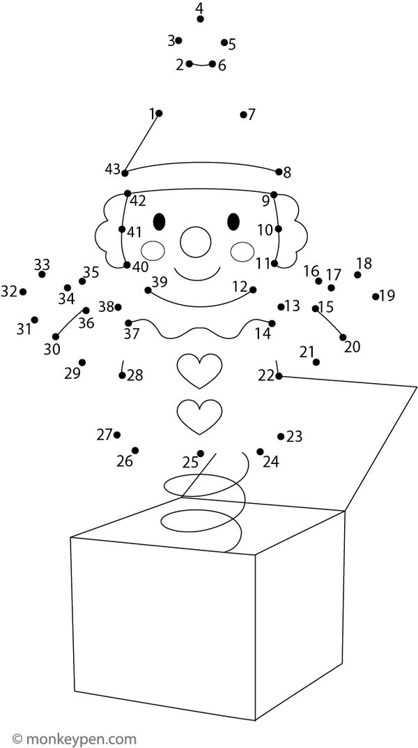 A cheerful Jack appears to be popping out of a decorated toy box as children connect the dots in this engaging worksheet. 