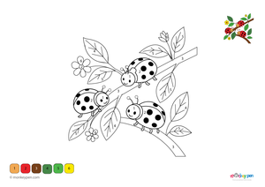 Color-by-number worksheet of a ladybug on leaves – free download to color body, spots, and garden background.