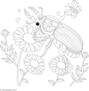 Beetle and a Flower Garden Colouring Page – free printable for kids to color and enjoy