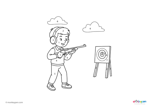 Color-by-number worksheet of a shooting game scene – free download to color targets, player, and surrounding play area.