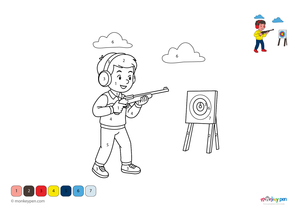 Color-by-number worksheet of a shooting game scene – free download to color targets, player, and surrounding play area.