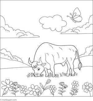Bull in a Meadow coloring page – free printable for kids to color and enjoy