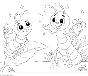Ant and the Friendly Caterpillar Coloring Page