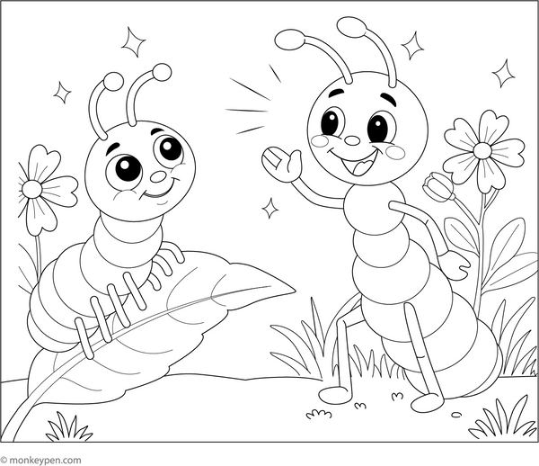 Ant and the Friendly Caterpillar Coloring Page