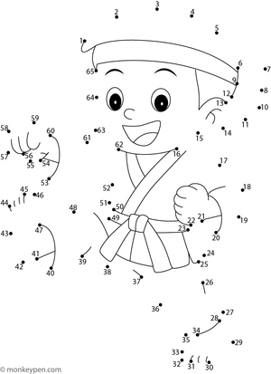 Dot-to-dot activity of a boy in a karate stance for children to connect and colour
