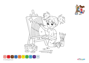 Downloadable color-by-number worksheet of a girl painting, with numbered areas for clothing, canvas, and artistic background.