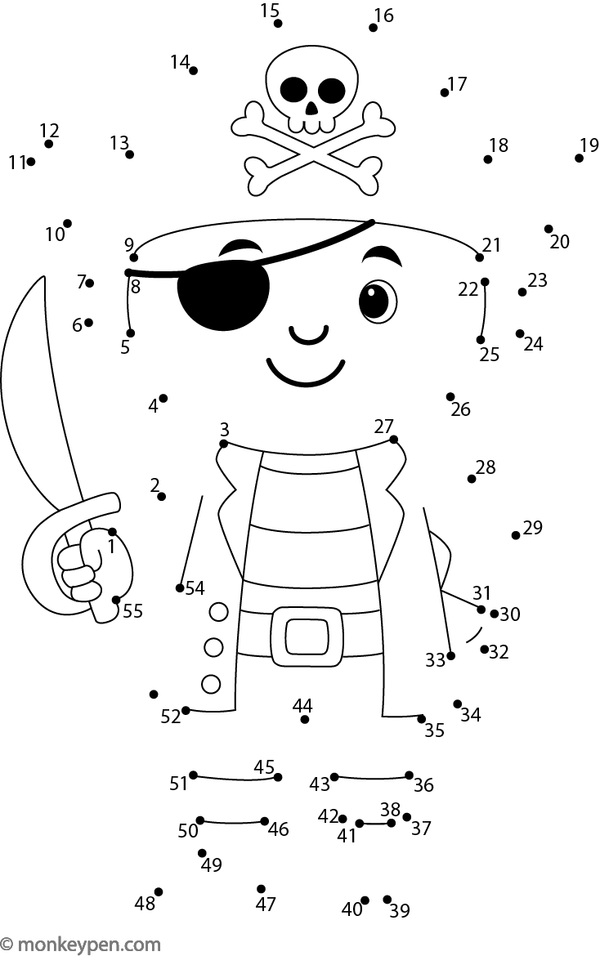A cheerful pirate with an eye patch and hat appears as children complete the dots in this adventure-themed worksheet.  