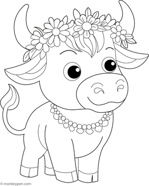 Bull Wearing a Garland coloring page – free printable for kids to color and enjoy