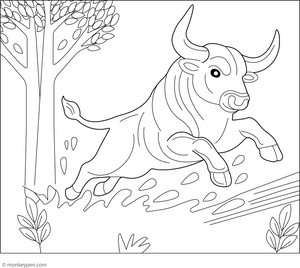 Charging Bull in a Forest coloring page – free printable for kids to color and enjoy