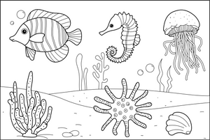Diverse Marine Life coloring page – fun and educational printable for children