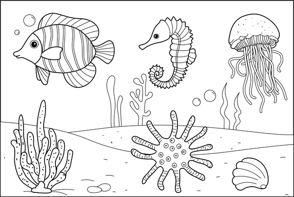 Diverse Marine Life coloring page – fun and educational printable for children
