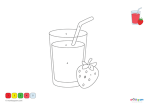 Downloadable color-by-number worksheet of a glass of strawberry juice, with numbered areas for juice, glass, and surrounding details.