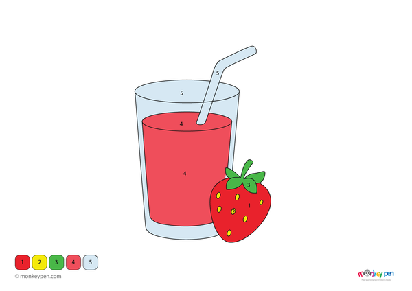 Downloadable color-by-number worksheet of a glass of strawberry juice, with numbered areas for juice, glass, and surrounding details.