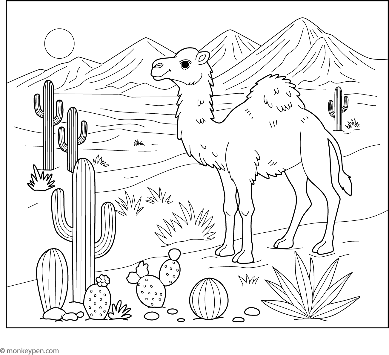 Camel in the Desert Coloring Page – Printable PDF for Kids