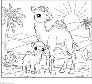Baby Camel with Its Mother coloring page – free printable for kids to color and enjoy