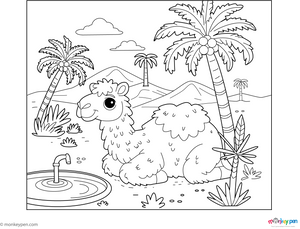 Camel and Oasis Scene coloring page – free printable for kids to color and enjoy