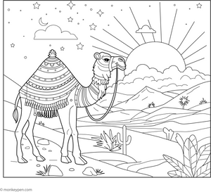 Camel in Sunset coloring page – free printable for kids to color and enjoy