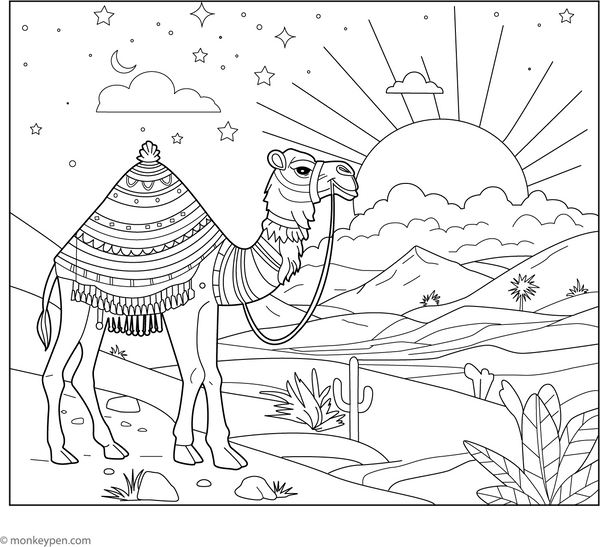 Camel in Sunset coloring page – free printable for kids to color and enjoy