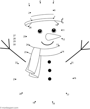 A cheerful snowman with a scarf and top hat appears as children connect the numbered dots in this winter-themed activity.
