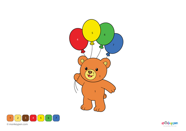 Color-by-number worksheet of a teddy bear with a balloon – free download to color bear, balloon, and playful scene.