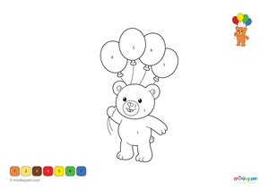 Color-by-number worksheet of a teddy bear with a balloon – free download to color bear, balloon, and playful scene.
