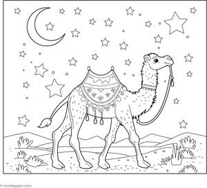 Camel and the Starry Night coloring page – free printable for kids to color and enjoy