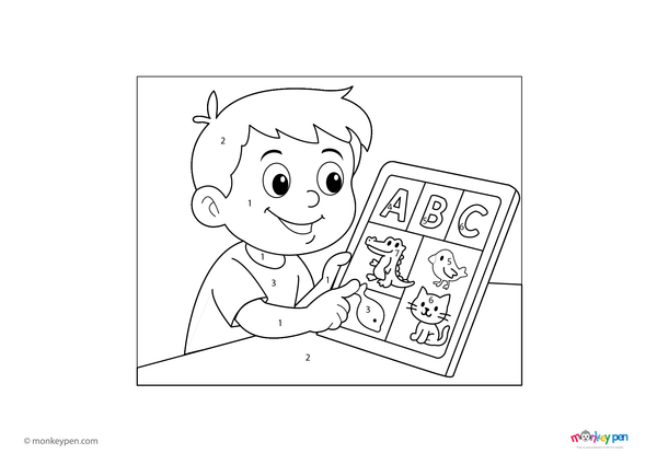 Color-by-number worksheet of a child practicing the alphabet – free download to color letters, outfit, and educational scene.