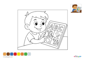 Color-by-number worksheet of a child practicing the alphabet – free download to color letters, outfit, and educational scene.