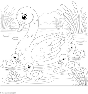 Swan and duckling coloring page
