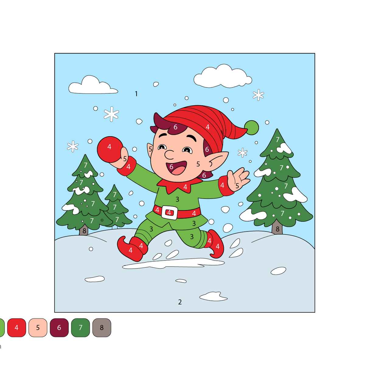 Elf in the Snow | Holiday Color by Number Pages PDF