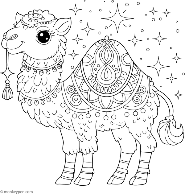 Camel with a Magical Saddle coloring page – free printable for kids to color and enjoy