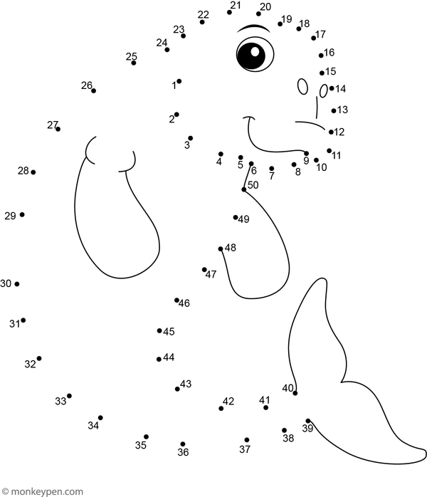 A friendly dugong with a rounded body appears as children complete the dot-to-dot activity in this ocean-themed worksheet.