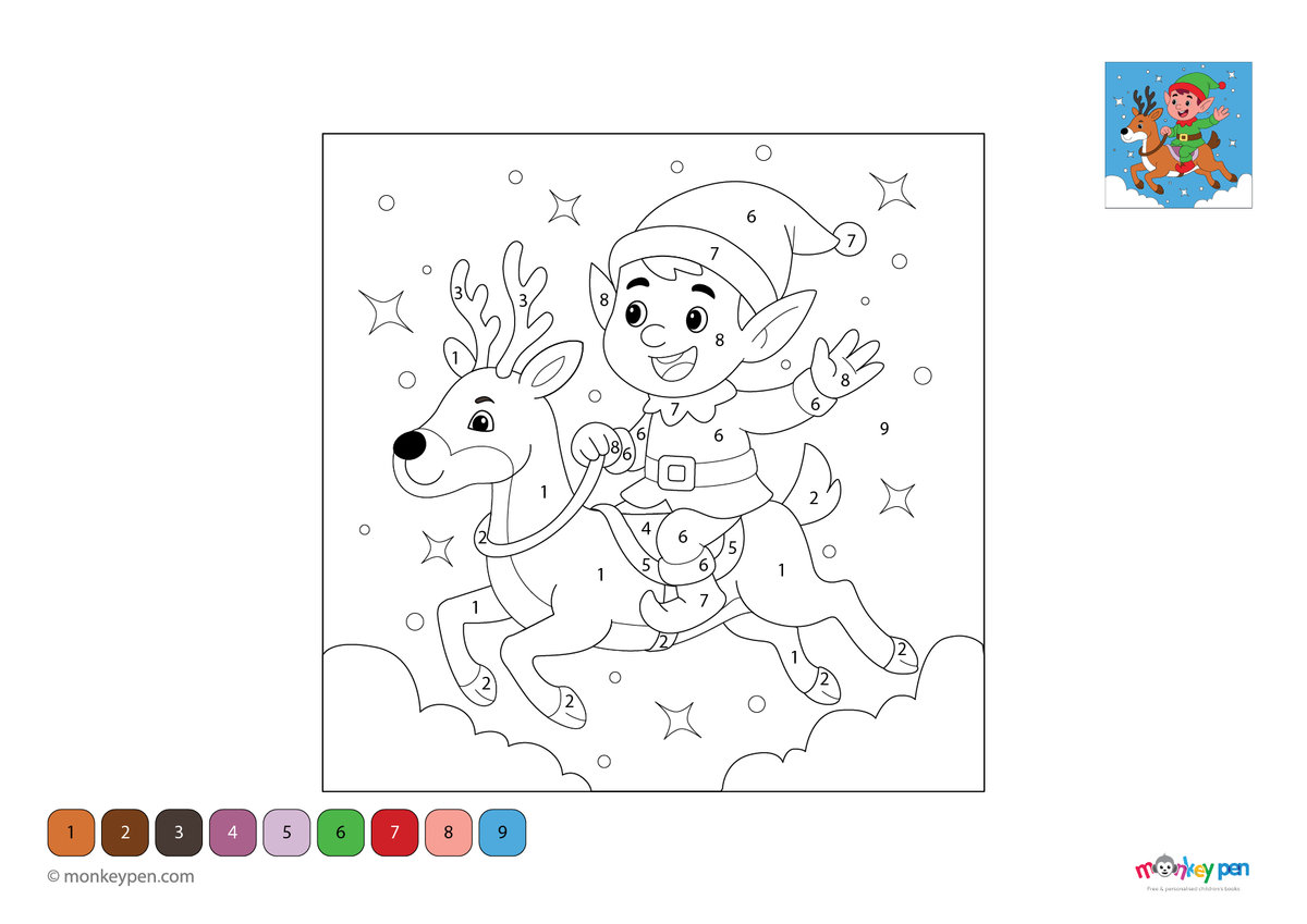 Elf Riding the Reindeer | Fun Christmas Color by Number Page