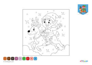 Color-by-number worksheet of an elf on a reindeer – free download to color festive clothing, reindeer, and holiday winter scene.
