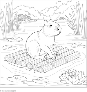 Capybara in Raft coloring page – free printable for kids to color and enjoy