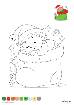 Colour by number page featuring a sleeping elf inside a Christmas stocking, with numbered sections for colouring the elf, stocking, and background decorations.