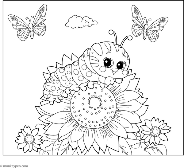 Caterpillar and Sunflower coloring page – free printable for kids to color and enjoy