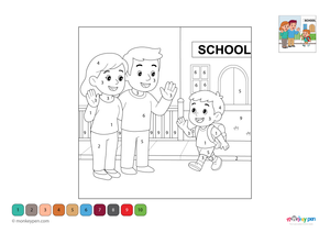 Color-by-number worksheet of a student carrying a school bag – free download to color clothing, backpack, and educational scene.