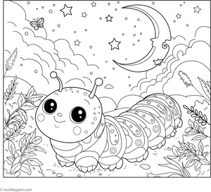 Caterpillar Under a Starry Sky coloring page – free printable for kids to color and enjoy