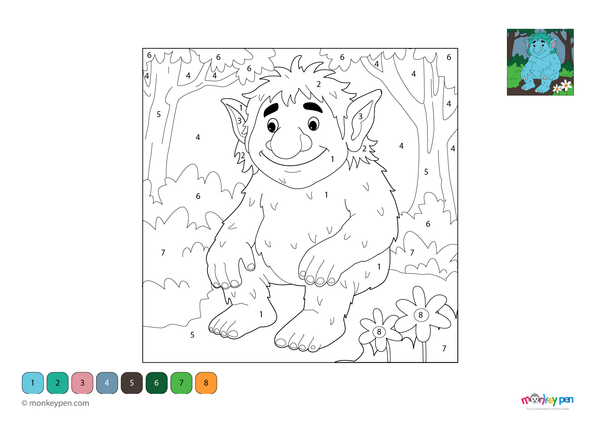 Downloadable color-by-number worksheet of a troll standing among forest trees, with numbered areas for troll, trees, and woodland background.