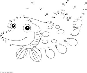 A slim pike fish with pointed features appears as children complete the numbered dots in this water-themed activity.