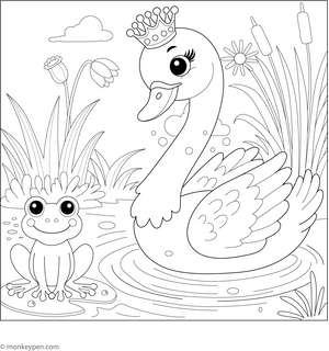 Swan and a Frog Coloring Page  – fun and educational printable for children