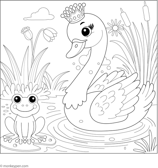 Swan and a Frog Coloring Page  – fun and educational printable for children