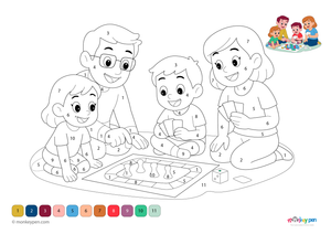 Downloadable color-by-number worksheet of parents playing joyfully with their child, with numbered areas for clothing, toys, and background.