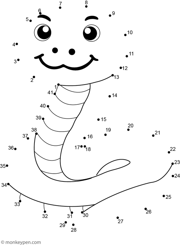 A friendly, curled cartoon snake with a cheerful face appears as children complete the dot-to-dot activity.