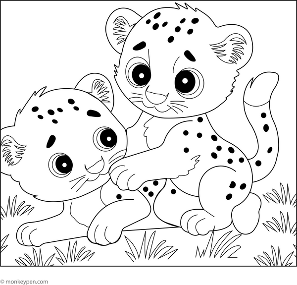 Cheetah Cubs Playing coloring page – free printable for kids to color and enjoy