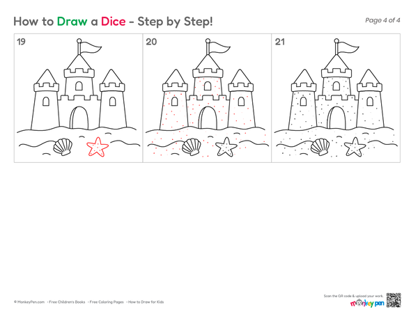 Easy beach sandcastle drawing for children and young artists.
