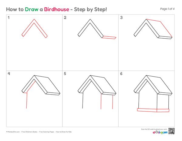 Basic birdhouse drawing for kids to practice